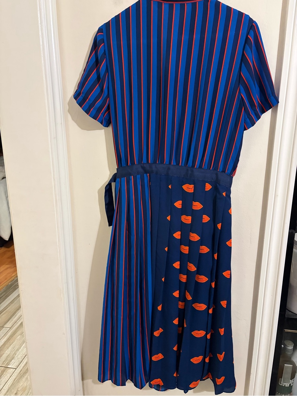 New York & Company Navy and Orange Striped & Pleated Midi Dress - Picture 12 of 15